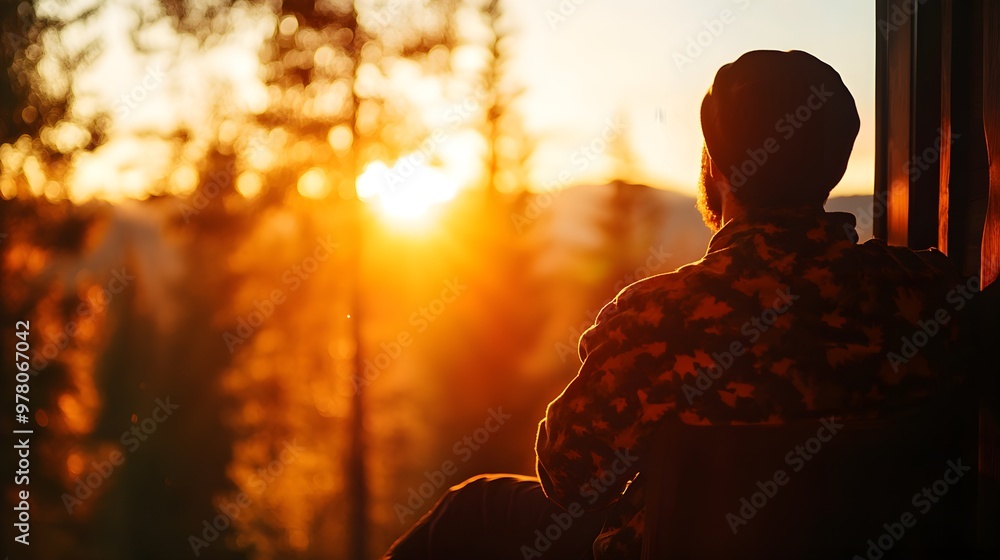 mountain cabin, rustic retreat, peace, solitude, nature, close up, focus on, copy space, earthy tones, soft textures, Double exposure silhouette with a person resting mountain cabin, rustic retreat, peace, solitude, nature, close up, focus on, copy space, earthy tones, soft textures, Double exposure silhouette with a person resting