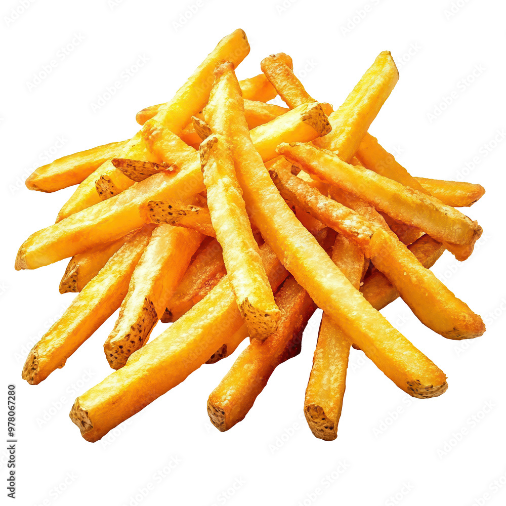 A delicious pile of crispy golden french fries, isolated on a transparent or white background. A delicious pile of crispy golden french fries, isolated on a transparent or white background.