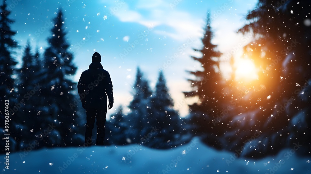 forest in winter, snow-covered, stillness, calm, peace, close up, focus on, copy space, cool tones, soft textures, Double exposure silhouette with a person walking forest in winter, snow-covered, stillness, calm, peace, close up, focus on, copy space, cool tones, soft textures, Double exposure silhouette with a person walking