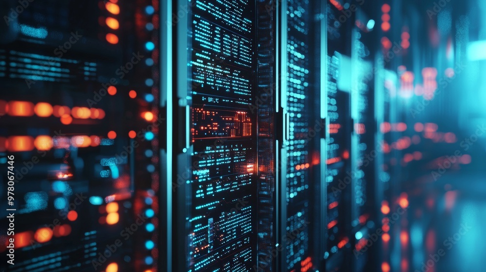 Close-up of glowing data servers in a modern high-tech environment Close-up of glowing data servers in a modern high-tech environment