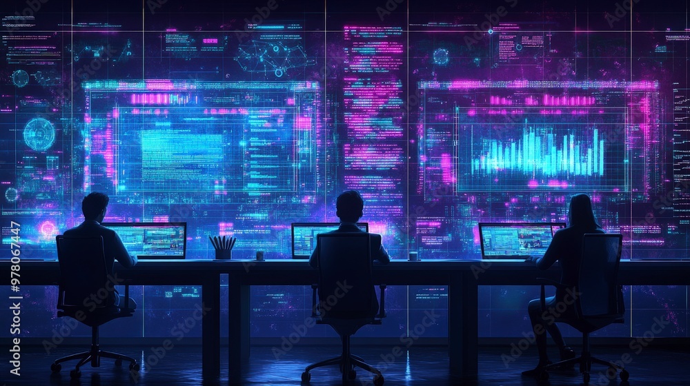 Predictive analytics session with a tech team, algorithms displayed on a screen, brainstorming session, soft collaborative lighting Predictive analytics session with a tech team, algorithms displayed on a screen, brainstorming session, soft collaborative lighting