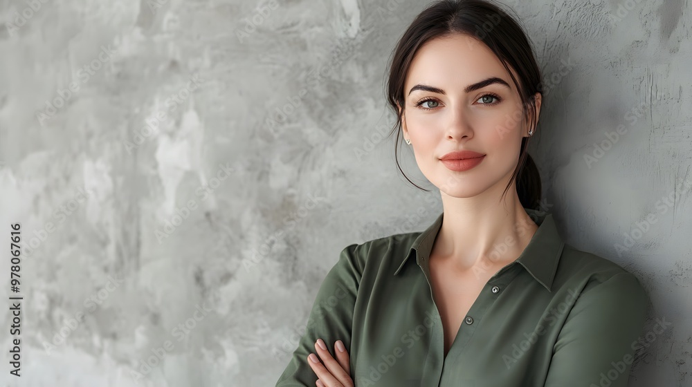 Portrait of a Woman with Green Eyes and Green Shirt Against a Gray Background Portrait of a Woman with Green Eyes and Green Shirt Against a Gray Background