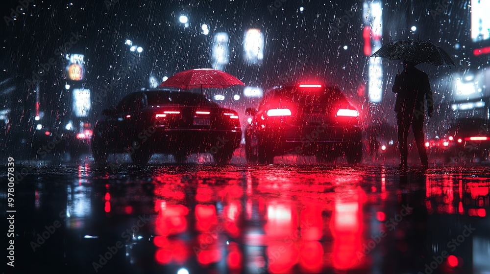 Rainy evening in a city with streetlights reflecting on wet roads, people with umbrellas, dim soft lighting Rainy evening in a city with streetlights reflecting on wet roads, people with umbrellas, dim soft lighting