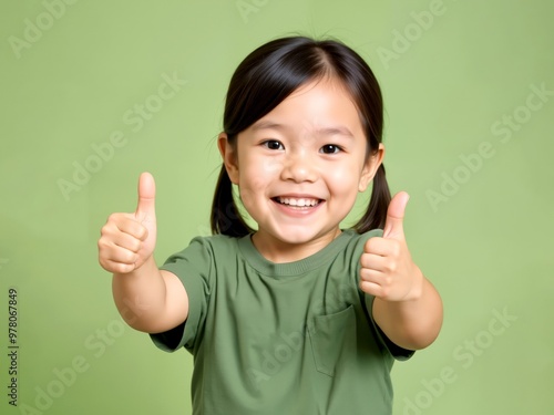 Smiling young child curly hair giving thumbs up gesture showing happiness approval. AI generated