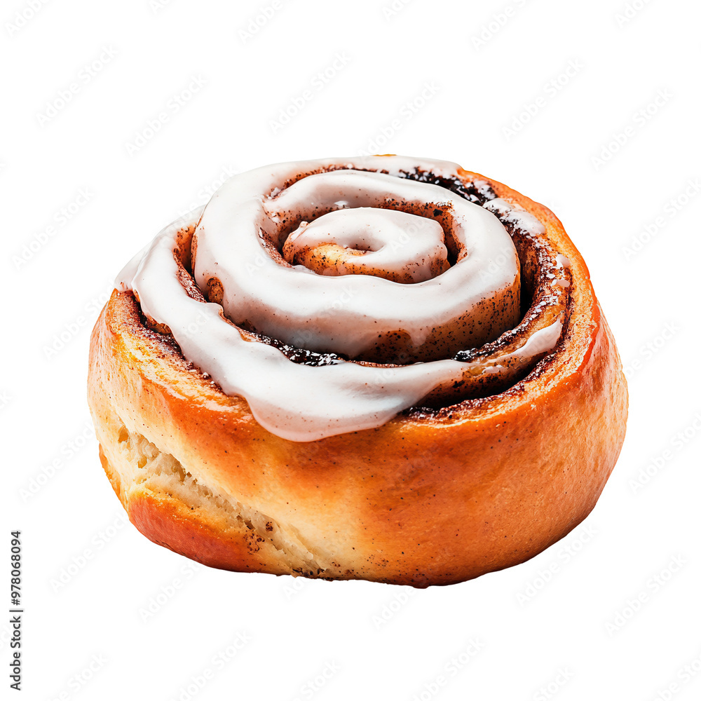 Delicious cinnamon roll topped with creamy icing, isolated on a transparent or white background. Delicious cinnamon roll topped with creamy icing, isolated on a transparent or white background.