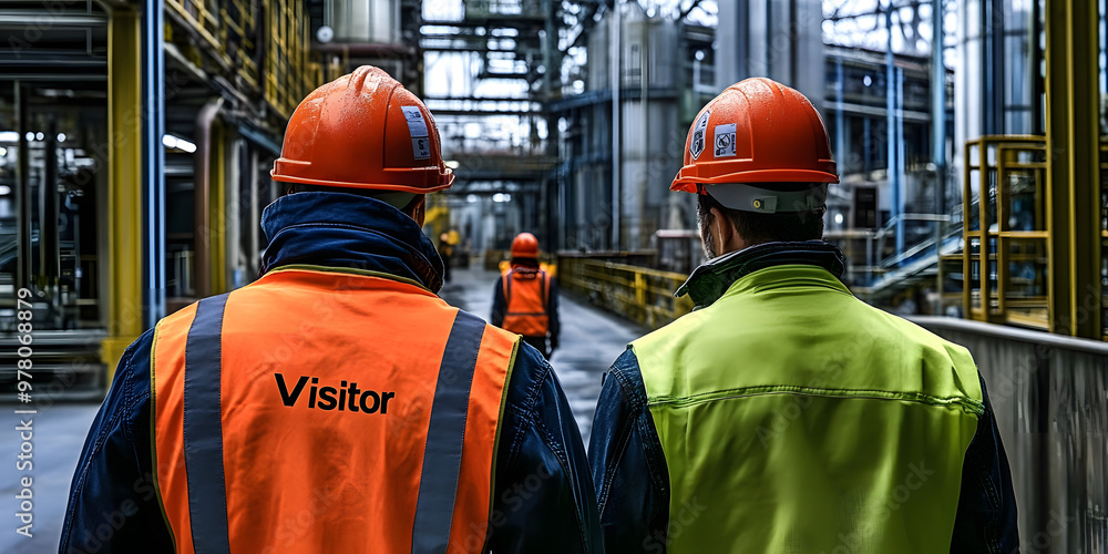 Visitors at an industrial site are required to wear hard hats and brightly colored vests for safety reasons. They must also observe and adhere to workplace protocols very closely during their visit Visitors at an industrial site are required to wear hard hats and brightly colored vests for safety reasons. They must also observe and adhere to workplace protocols very closely during their visit