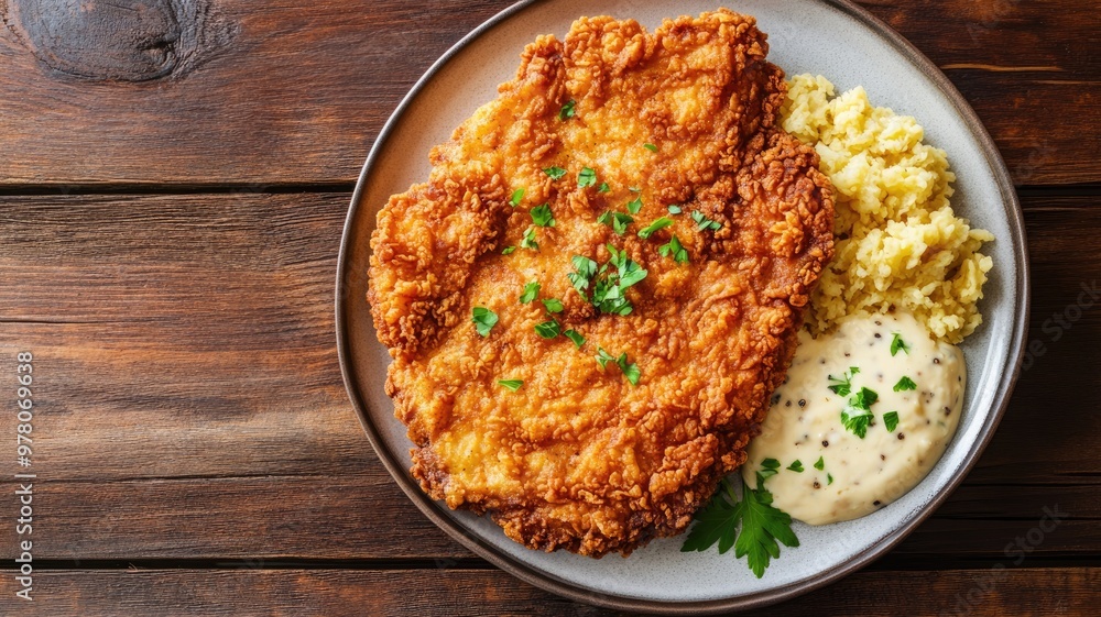 Golden breaded cutlet with creamy sauce and mashed potatoes on plate Golden breaded cutlet with creamy sauce and mashed potatoes on plate