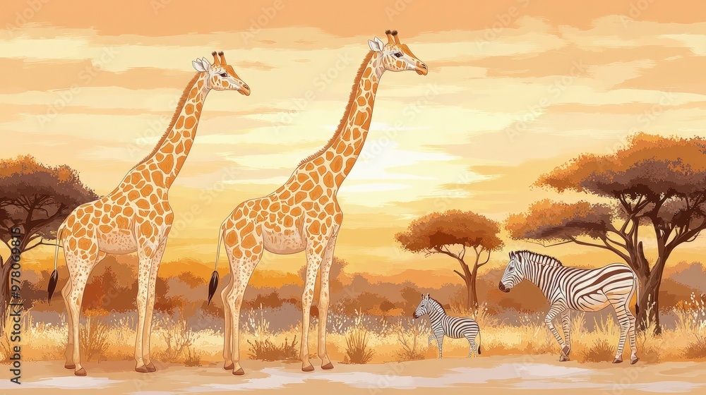 Obraz premium Savannah plain with giraffes browsing, acacia trees, zebras in the distance, warm sunset lighting