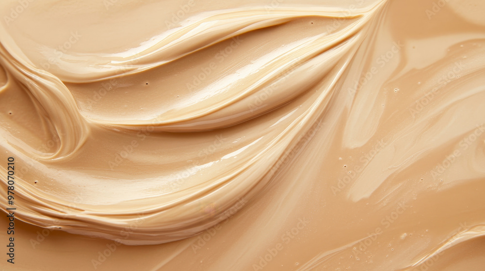 Obraz premium A textured background of liquid foundation in a light, ivory shade. The creamy consistency is displayed with gentle swirls and a subtle sheen, mimicking the appearance of makeup on skin.