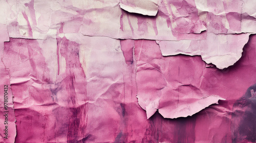 Wallpaper Mural A torn, grunge paper poster with layers of pink paper underneath. The surface has frayed, jagged edges with visible dirt, creases, and faded sections giving it a raw, urban texture. Torontodigital.ca