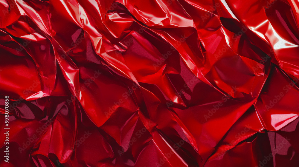 A vibrant red crumpled plastic poster with deep creases and folds, creating harsh reflections and shadows. The glossy surface highlights the texture, giving an edgy, distressed appearance. A vibrant red crumpled plastic poster with deep creases and folds, creating harsh reflections and shadows. The glossy surface highlights the texture, giving an edgy, distressed appearance.