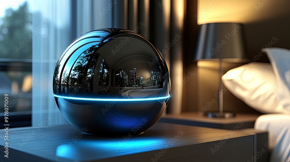 Smart speaker with a glowing ring, voice assistant icon, placed on a nightstand, soft bedroom lighting Smart speaker with a glowing ring, voice assistant icon, placed on a nightstand, soft bedroom lighting
