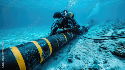 A man in a black wet suit is working on a pipe underwater