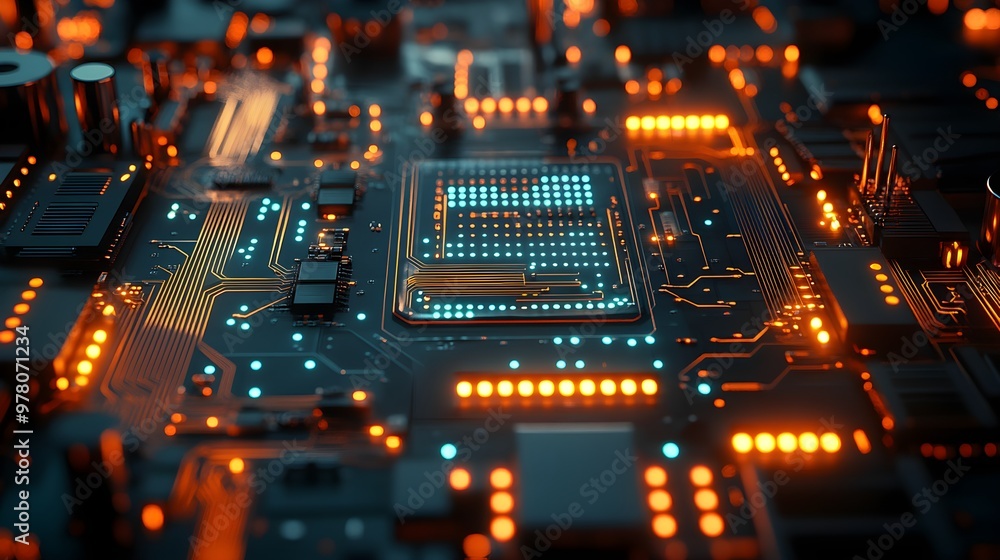 High-tech circuit board with copper elements, glowing with vibrant blue and green energy, futuristic design, set in a dark room with soft ambient light High-tech circuit board with copper elements, glowing with vibrant blue and green energy, futuristic design, set in a dark room with soft ambient light