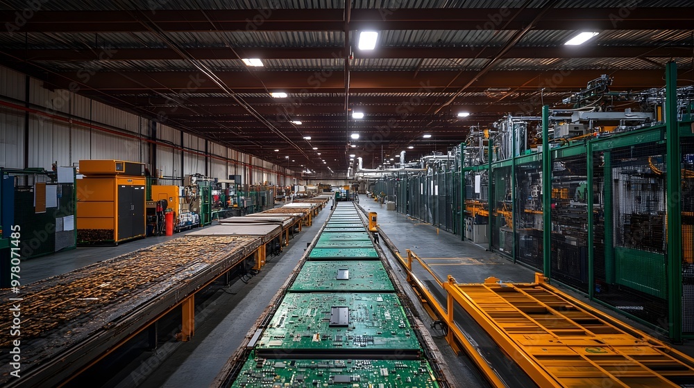 Fototapeta premium High-tech recycling center converting beryllium copper boards into eco-friendly devices, highlighting the process from dismantling to creating new sustainable products