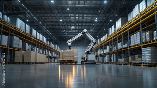 High-tech warehouse, robotic arms assisting in weighing palletized goods before shipping, digital displays and automated systems, futuristic feel