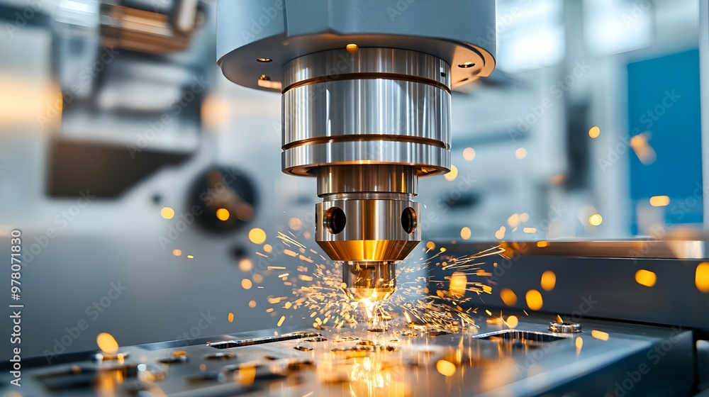 Industrial CNC machines carving beryllium copper components, sparks flying, with engineers monitoring the process in a sterile, modern facility Industrial CNC machines carving beryllium copper components, sparks flying, with engineers monitoring the process in a sterile, modern facility