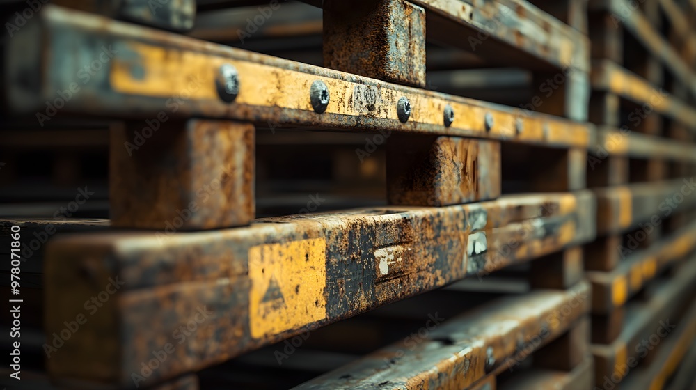 Industrial metal pallet rack close-up, rusted texture, vintage style, sepia tones, shallow depth of field, emphasizing wear and history, moody atmosphere Industrial metal pallet rack close-up, rusted texture, vintage style, sepia tones, shallow depth of field, emphasizing wear and history, moody atmosphere