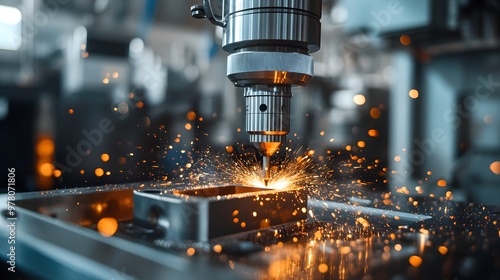 Industrial CNC machines carving beryllium copper components, sparks flying, with engineers monitoring the process in a sterile, modern facility photo