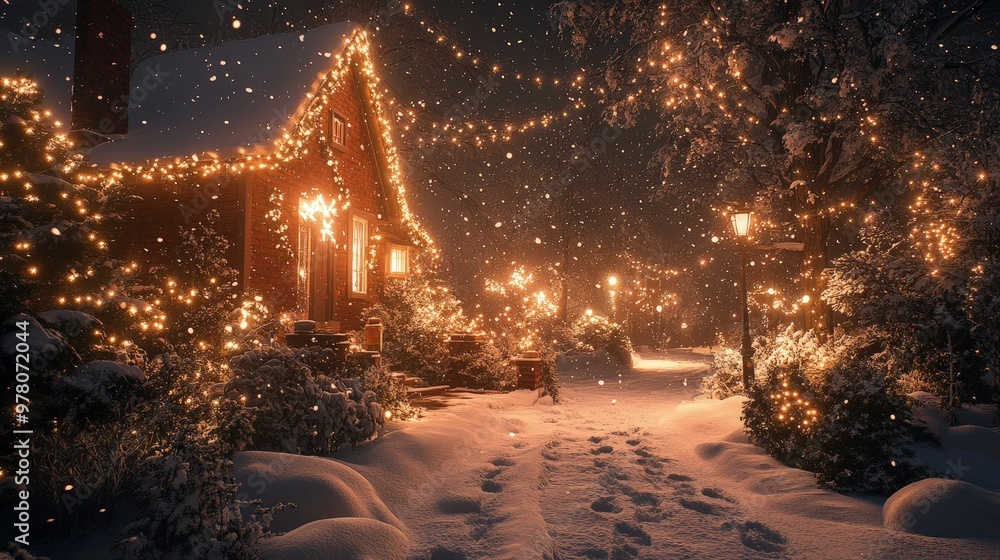 Snowy night with streetlights, soft snow falling, footsteps on the sidewalk, cozy warm lighting Snowy night with streetlights, soft snow falling, footsteps on the sidewalk, cozy warm lighting