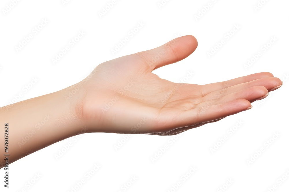 An open human hand facing upward with fingers slightly curved, set against a clean white background, creating a simple and clear presentation.