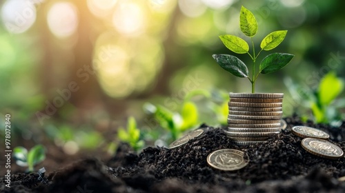 Plant sprouting from stacked coins, symbolizing financial growth photo