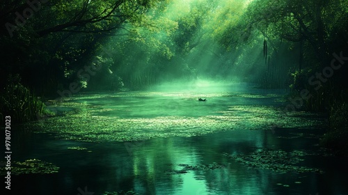 Swamp with crocodiles lurking, dense algae covering the water, mangroves in the background, shadowy lighting
