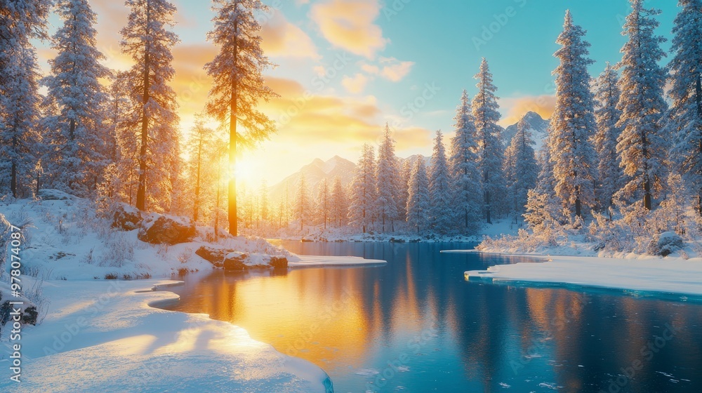 Fototapeta premium Winter landscape with snow-covered trees, frozen lake, sun shining through branches, bright cold lighting