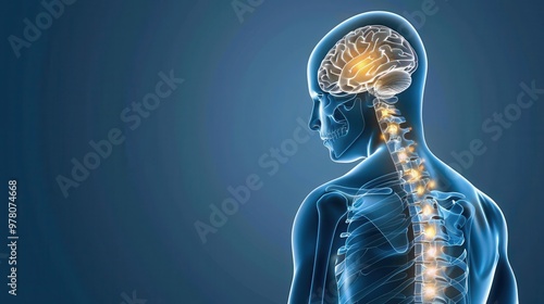 A digital illustration of the human brain and spinal cord, focusing on the nervous system and neurological health, in a blue gradient background.