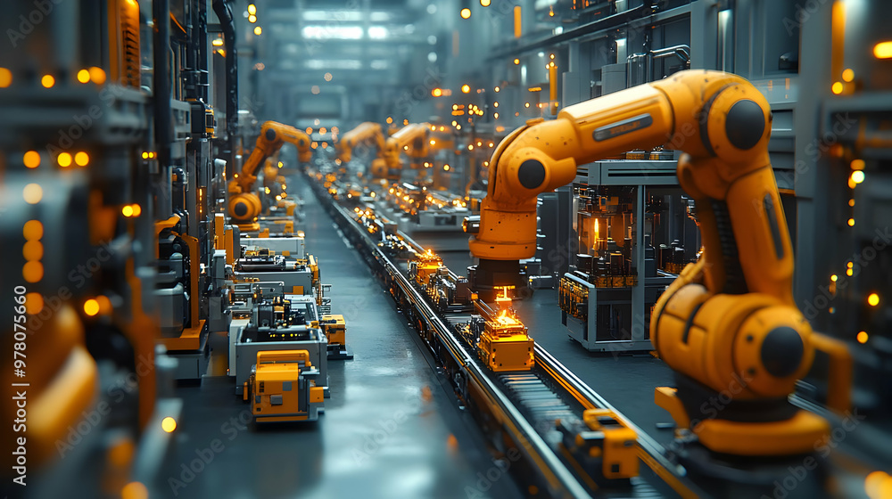 Industrial Automation: Robotic Arm Assembly Line 3D Illustration Industrial Automation: Robotic Arm Assembly Line 3D Illustration