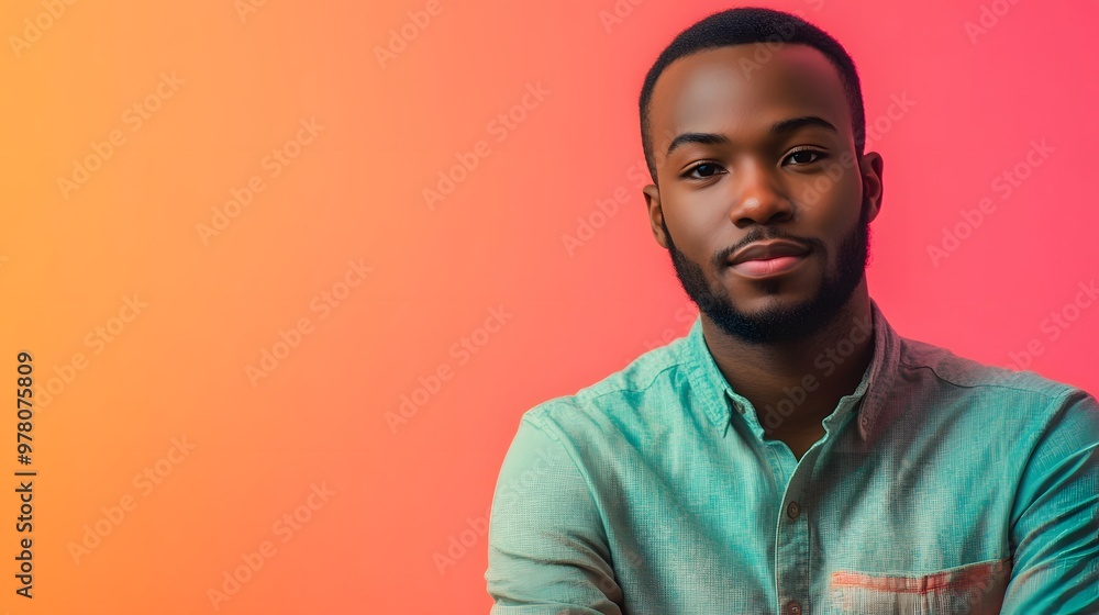 Portrait of a Black Man in a Green Shirt Against a Pink Background Portrait of a Black Man in a Green Shirt Against a Pink Background