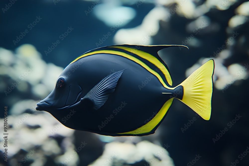 Naklejka premium Yellow tang fish swimming in a tropical aquarium surrounded by colorful coral reefs