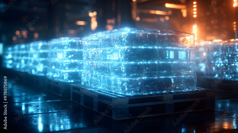 Fragile glass items on a pallet, wrapped in protective materials, with futuristic holographic indicators showing fragility warnings, glowing neon signs, and digital display panels, Cyberpunk, Digital Fragile glass items on a pallet, wrapped in protective materials, with futuristic holographic indicators showing fragility warnings, glowing neon signs, and digital display panels, Cyberpunk, Digital