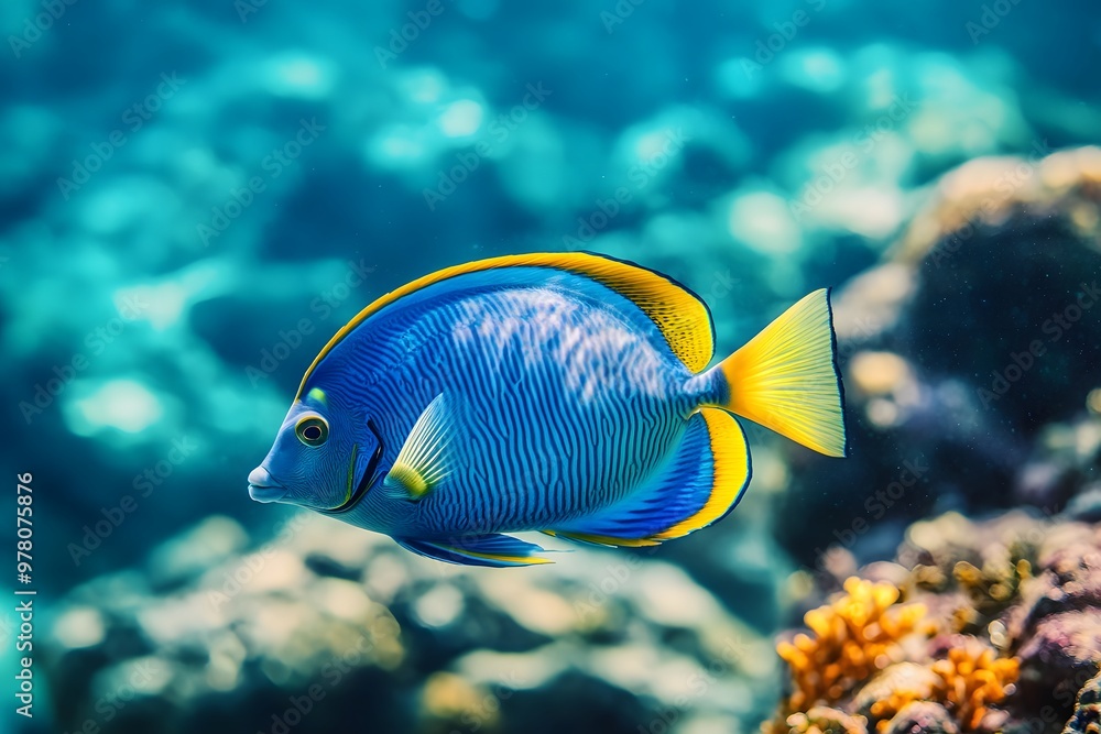 Naklejka premium Yellow tang fish swimming in a tropical aquarium surrounded by colorful coral reefs