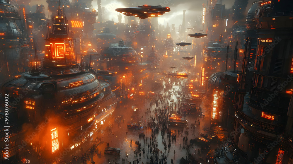 Fototapeta premium Futuristic Cityscape Illustration with Flying Vehicles and Neon Lights