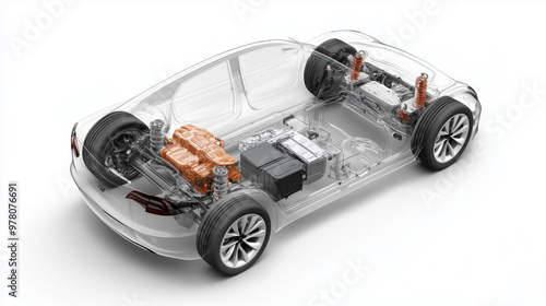 3D cutaway car model shows visible engine, internal structure, and components. AI generated