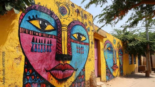 Vibrant street art depicting African folklore in Dakar, Senegal