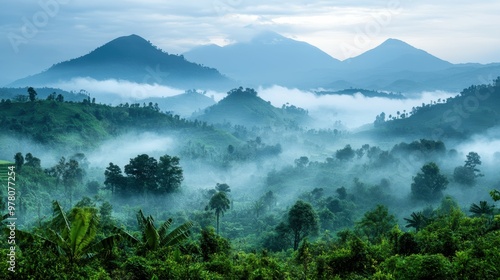 Ethereal mist rolling over the Virunga Mountains, home to mountain gorillas