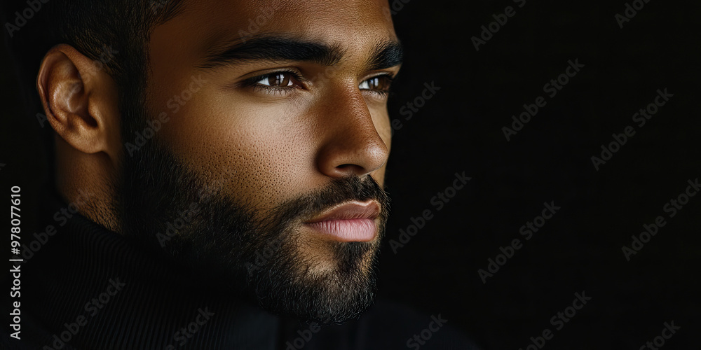 Creative Mind at Work: A man with a beard, wearing a black turtleneck and deep in thought. Creative Mind at Work: A man with a beard, wearing a black turtleneck and deep in thought.