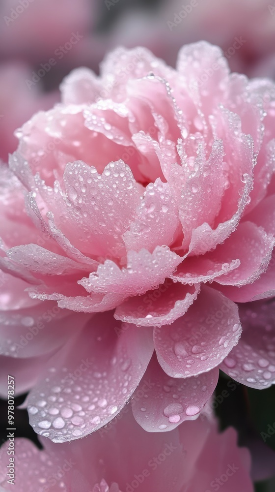 Close-up of a dew-kissed pink peony unfurling its layered petals Close-up of a dew-kissed pink peony unfurling its layered petals