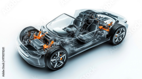 3D cutaway car model shows visible engine, internal structure, and components. AI generated