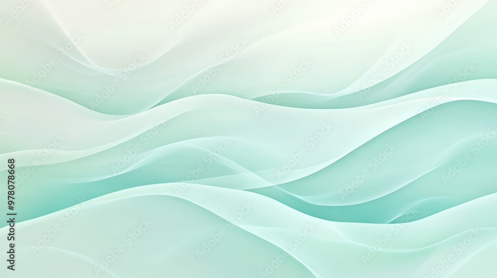 Fototapeta premium A calming gradient background with fluid waves blending from soft mint green to pastel aqua, offering a serene and soothing visual experience.