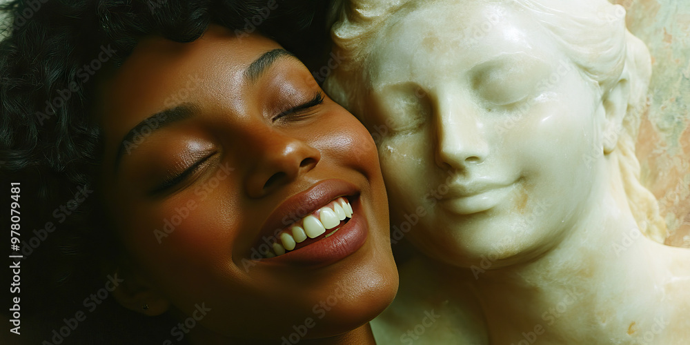 Serene Sculptor's Smile: A woman with an artistic glow, chiseling away at a marble block. Serene Sculptor's Smile: A woman with an artistic glow, chiseling away at a marble block.