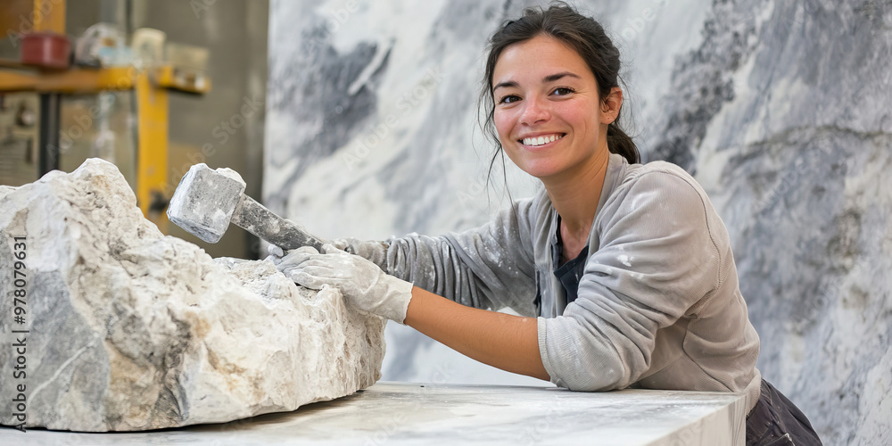 Serene Sculptor's Smile: A woman with an artistic glow, chiseling away at a marble block. Serene Sculptor's Smile: A woman with an artistic glow, chiseling away at a marble block.
