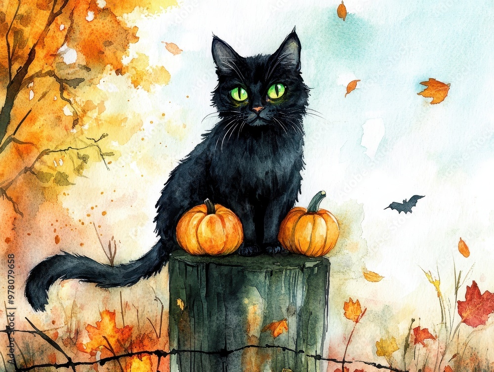 Black Cat with Green Eyes Sitting on a Fence Post with Pumpkins Black Cat with Green Eyes Sitting on a Fence Post with Pumpkins