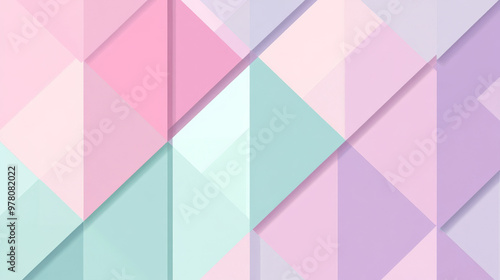 A flat geometric design with stacked triangles and parallelograms in pastel hues of pink, lavender, and mint, creating a soothing, calming composition. photo