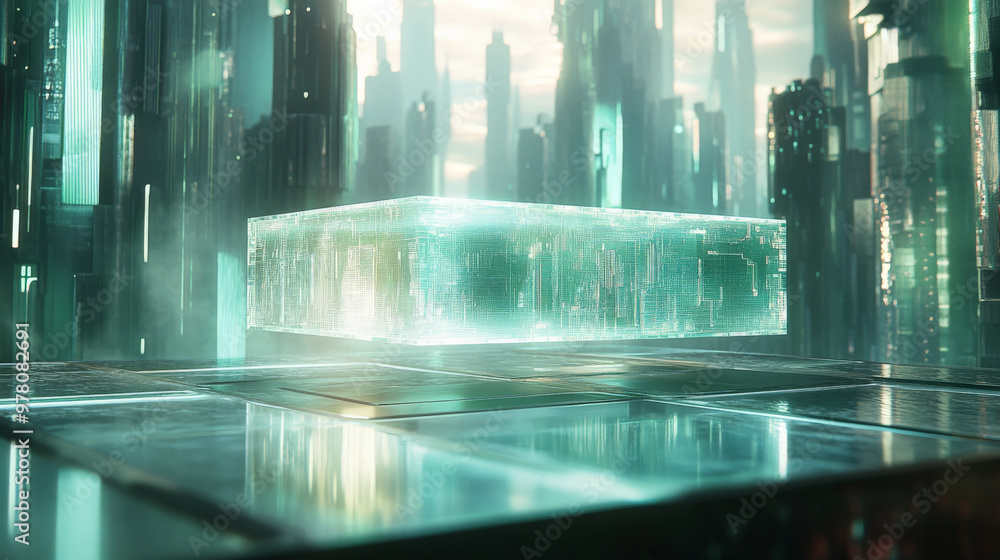 A floating, transparent product stand with a shimmering, holographic surface and a soft, green glow, set in a futuristic metaverse with digital cityscapes. A floating, transparent product stand with a shimmering, holographic surface and a soft, green glow, set in a futuristic metaverse with digital cityscapes.