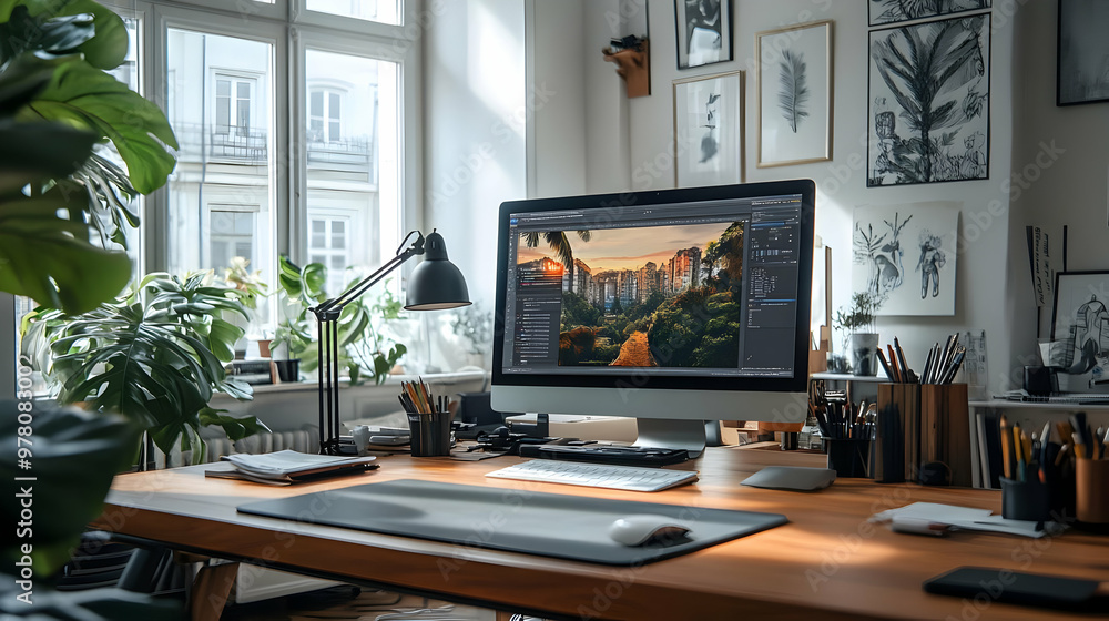 Fototapeta premium Modern Home Office Workspace With Computer, Plants, and Art Prints