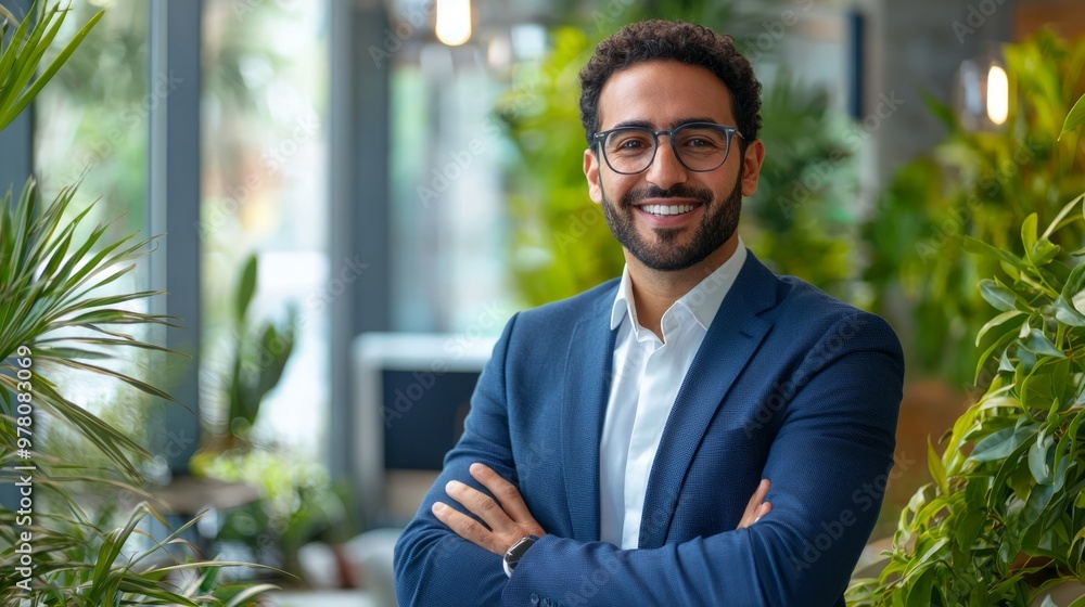 Confident Middle Eastern Business Leader Smiling in Luxurious Greenery-Filled Office Setting Confident Middle Eastern Business Leader Smiling in Luxurious Greenery-Filled Office Setting