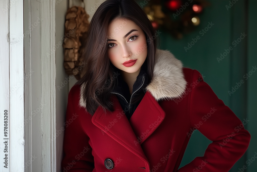 portrait of a woman in a coat, Latina in Christmas scene portrait of a woman in a coat, Latina in Christmas scene